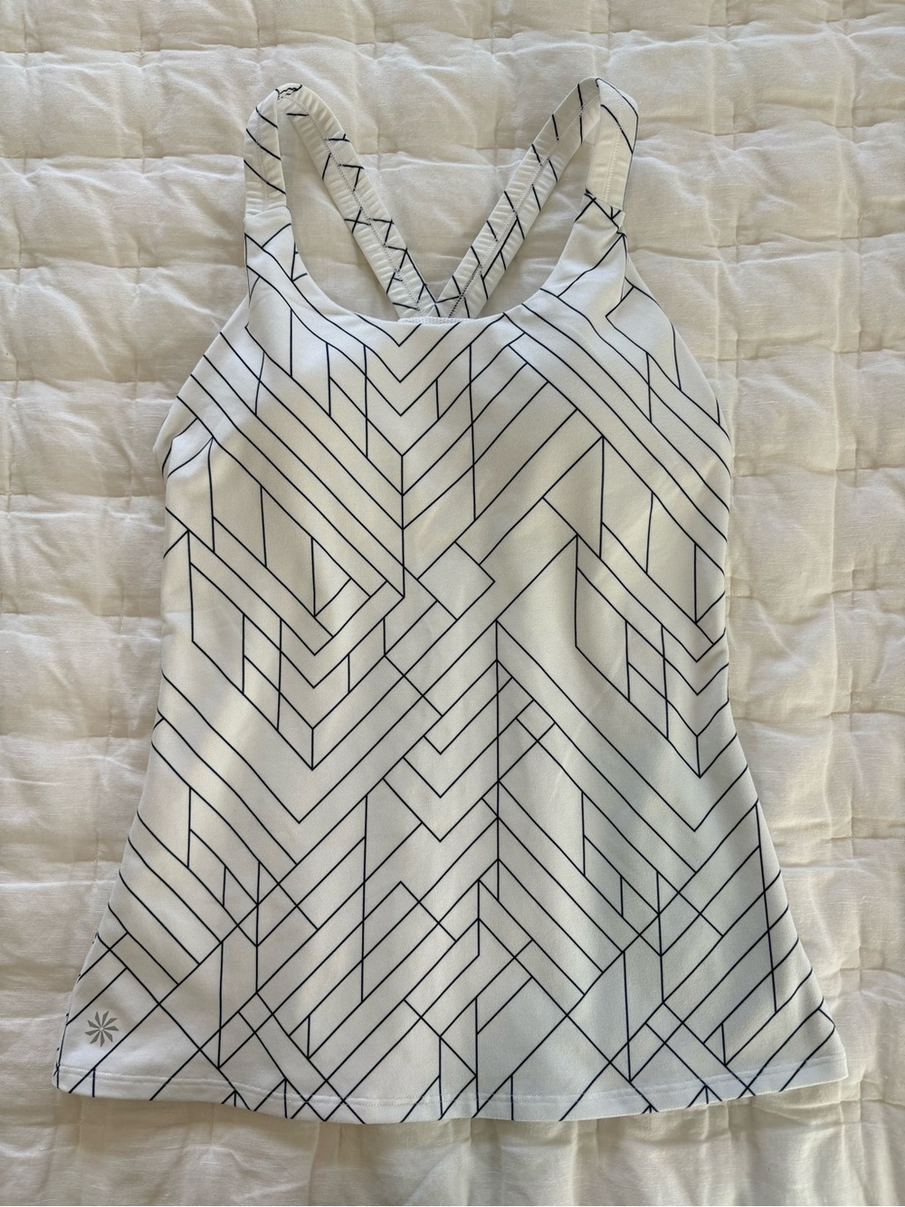 Athleta White Tank Top with Navy Geometric Lines